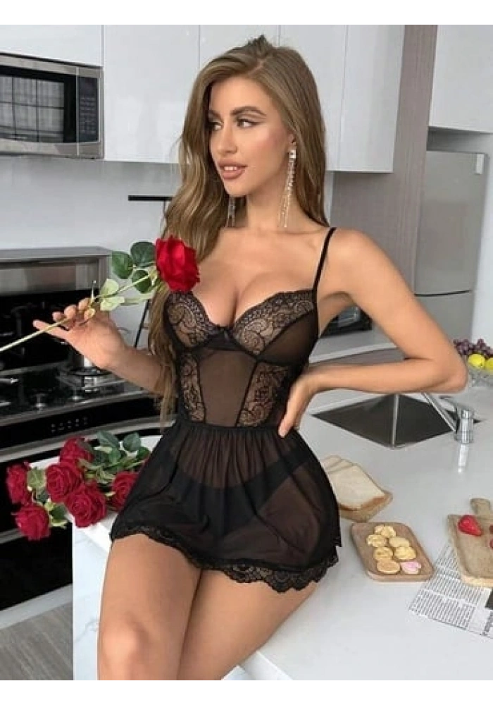 Nightlight 7067 Kadın Tül Dantelli Kısa Gecelik