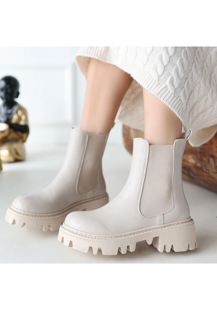 Ninle Bej Cilt Topuklu Bot