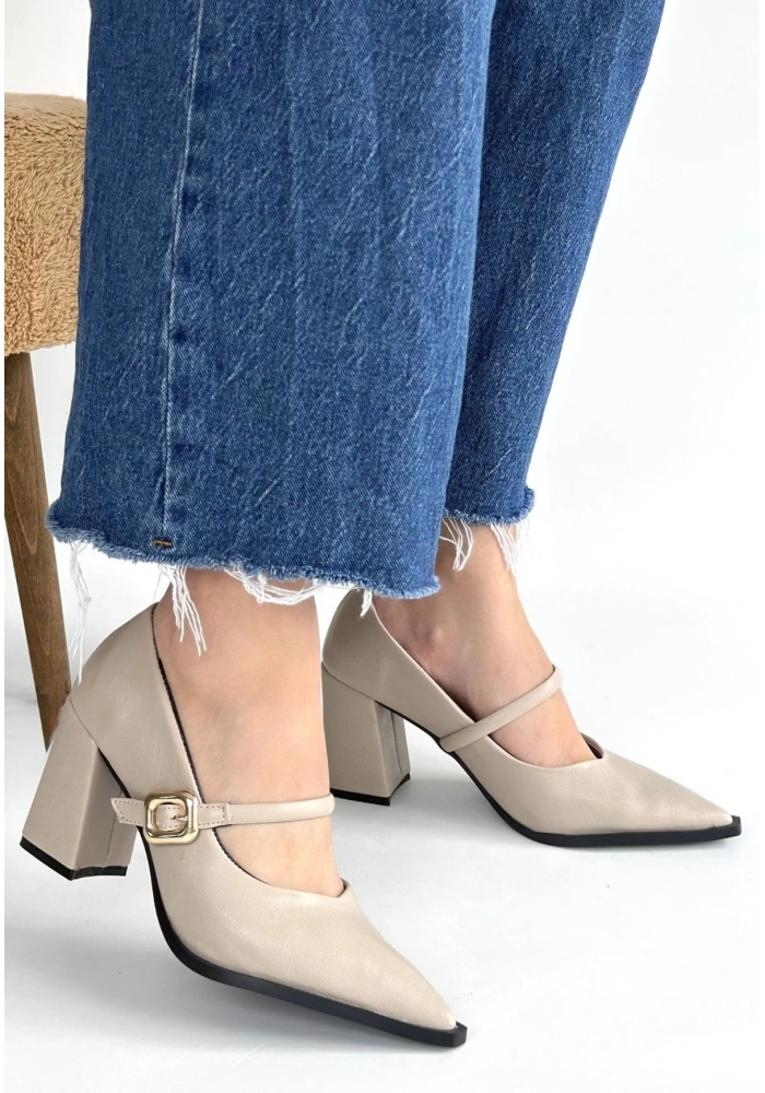 Nıvra Bej Cilt Topuklu Ayakkabı