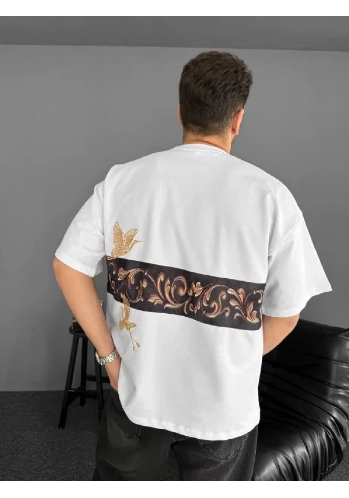 Ön ve Arka Baskılı Oversize Bisiklet Yaka - Beyaz