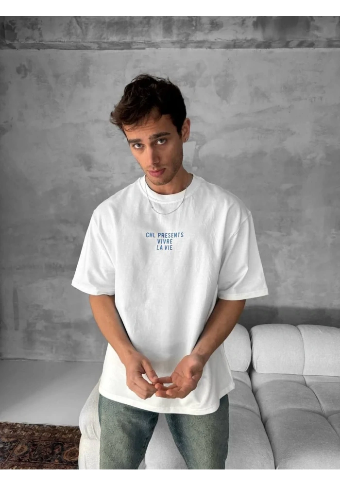 Ön ve Arka Baskılı Oversize Bisiklet Yaka - Beyaz