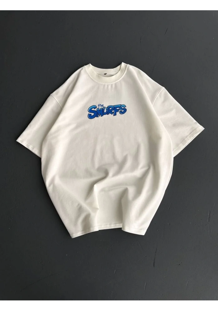 ERKEK Ön ve Arka Baskılı Oversize Bisiklet Yaka - Beyaz