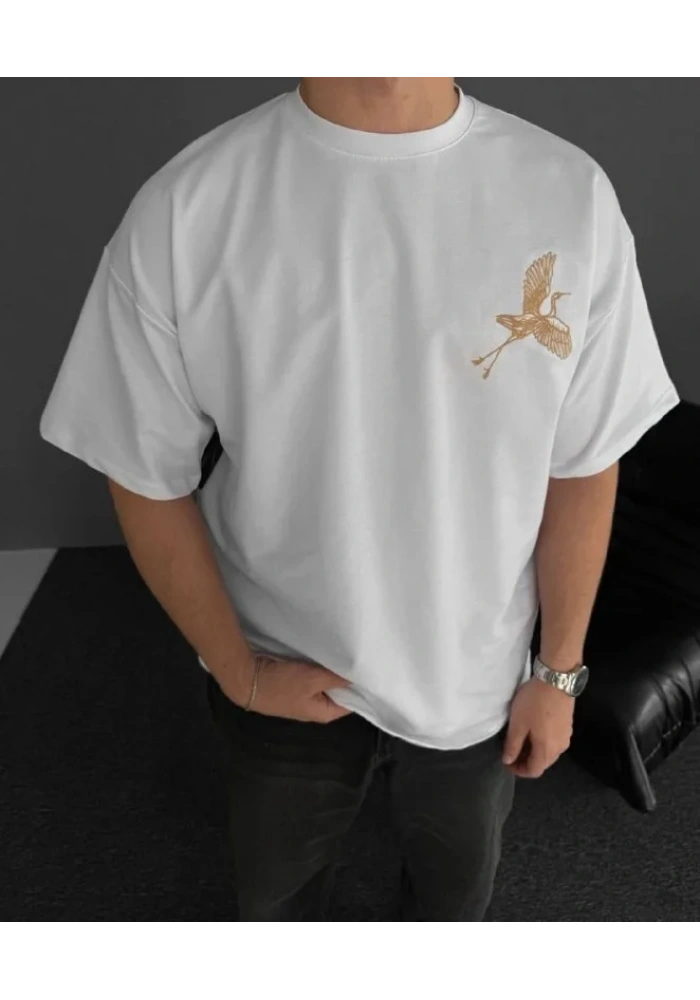 Ön ve Arka Baskılı Oversize Bisiklet Yaka - Beyaz