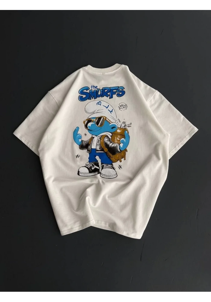 ERKEK Ön ve Arka Baskılı Oversize Bisiklet Yaka - Beyaz