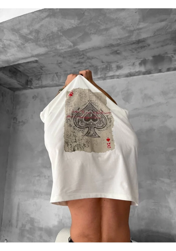 ERKEK Ön ve Arka Baskılı Oversize Bisiklet Yaka - Beyaz