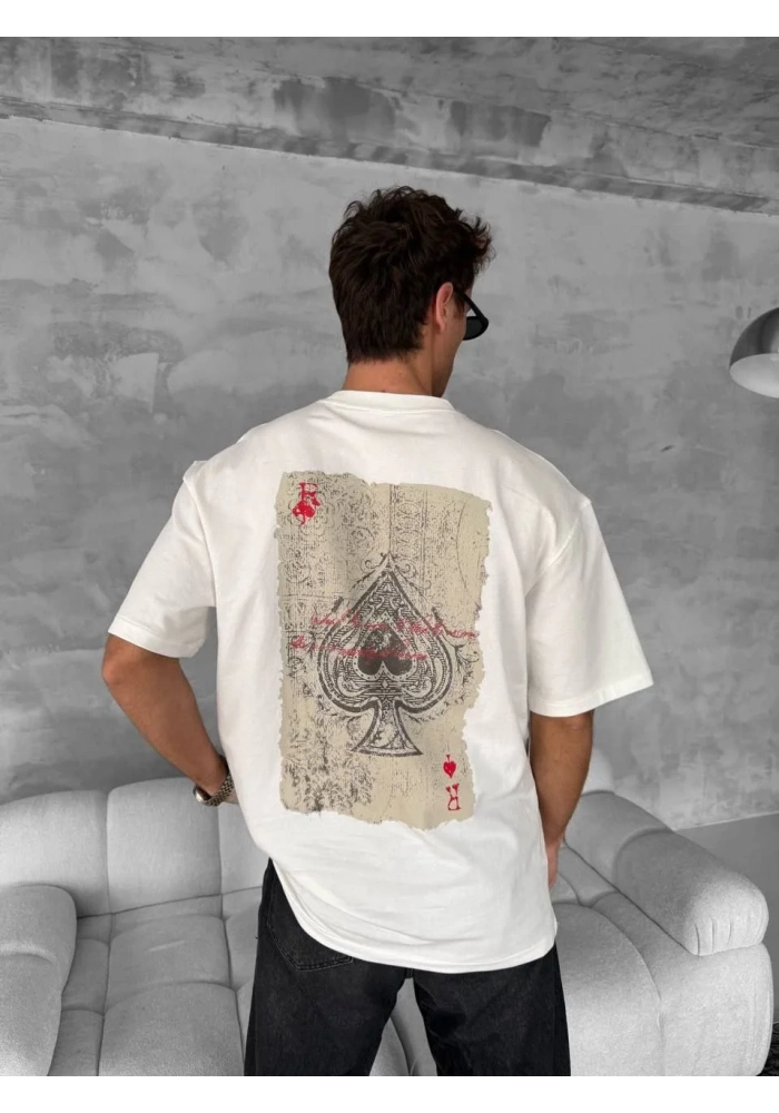 ERKEK Ön ve Arka Baskılı Oversize Bisiklet Yaka - Beyaz