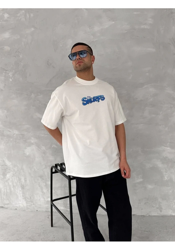 ERKEK Ön ve Arka Baskılı Oversize Bisiklet Yaka - Beyaz