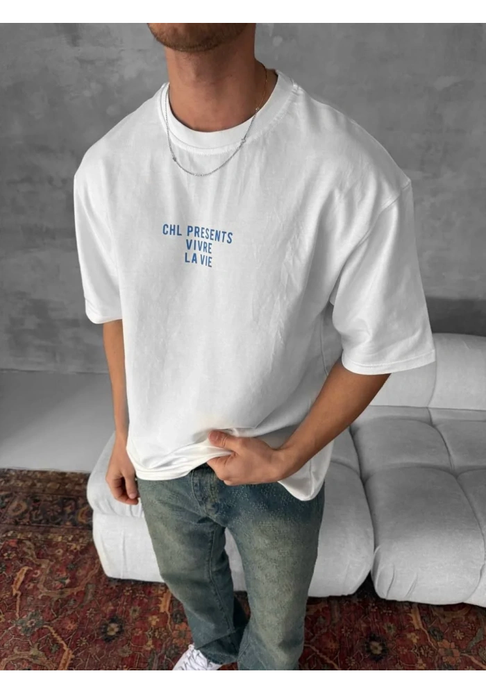 Ön ve Arka Baskılı Oversize Bisiklet Yaka - Beyaz