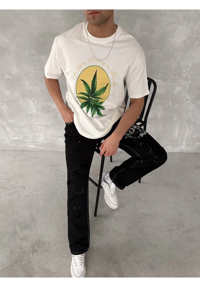 Ön ve Arka Baskılı Oversize Bisiklet Yaka - Beyaz