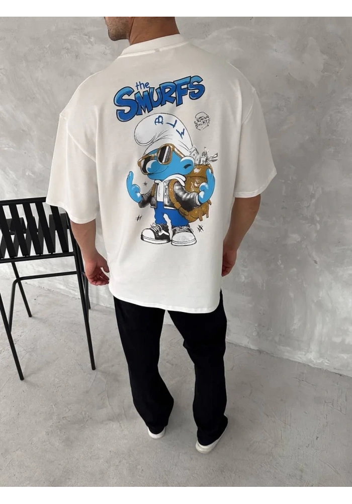 ERKEK Ön ve Arka Baskılı Oversize Bisiklet Yaka - Beyaz