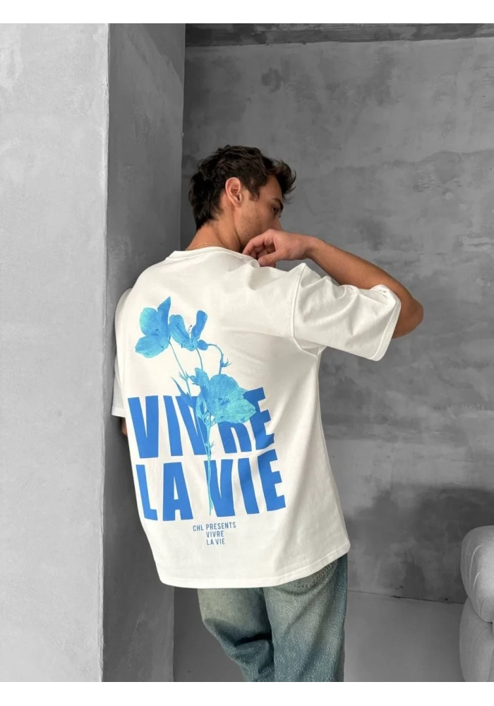 Ön ve Arka Baskılı Oversize Bisiklet Yaka - Beyaz