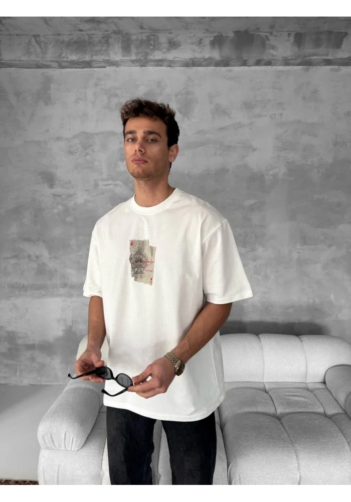 ERKEK Ön ve Arka Baskılı Oversize Bisiklet Yaka - Beyaz