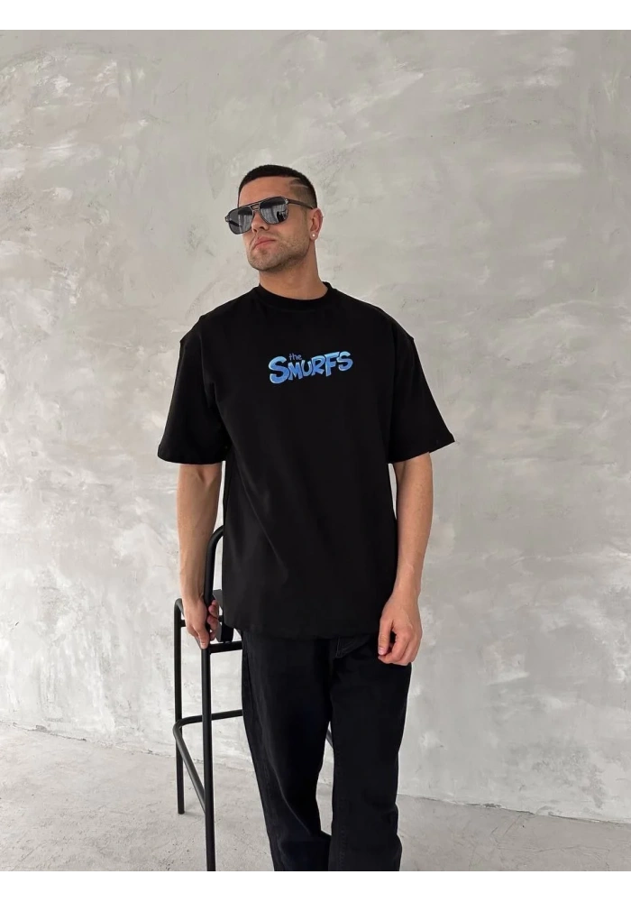 erkek Baskılı Oversize Bisiklet Yaka T-shirt- Siyah