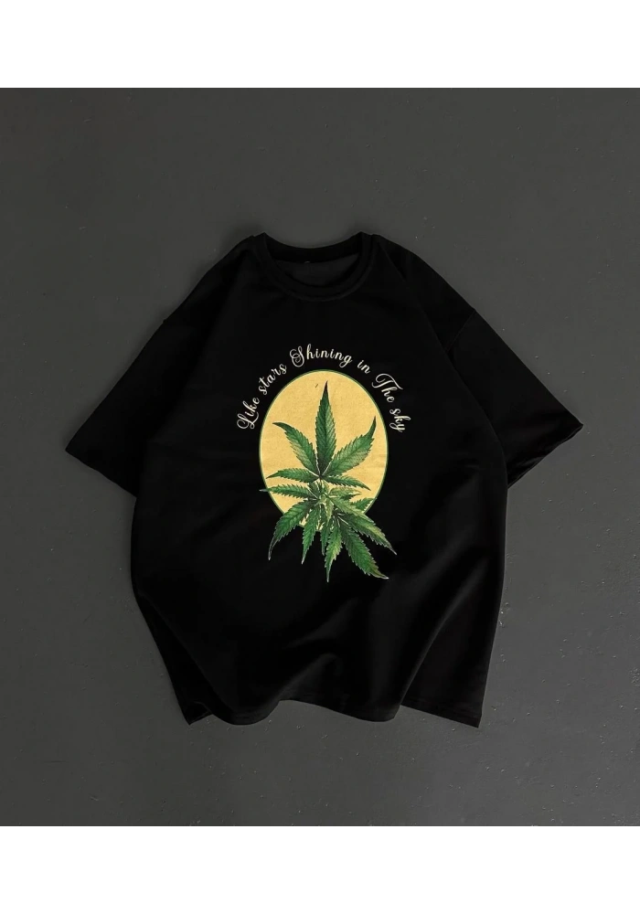 ERKEK  Baskılı Oversize Bisiklet Yaka T-shirt- Siyah