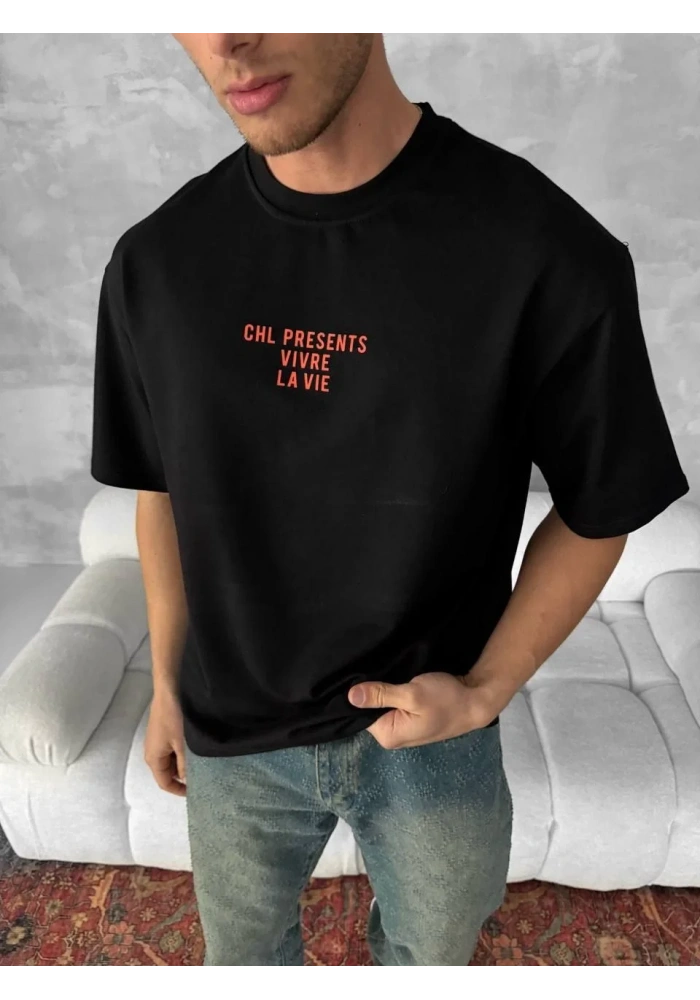 Erkek Baskılı Oversize Bisiklet Yaka T-shirt- Siyah