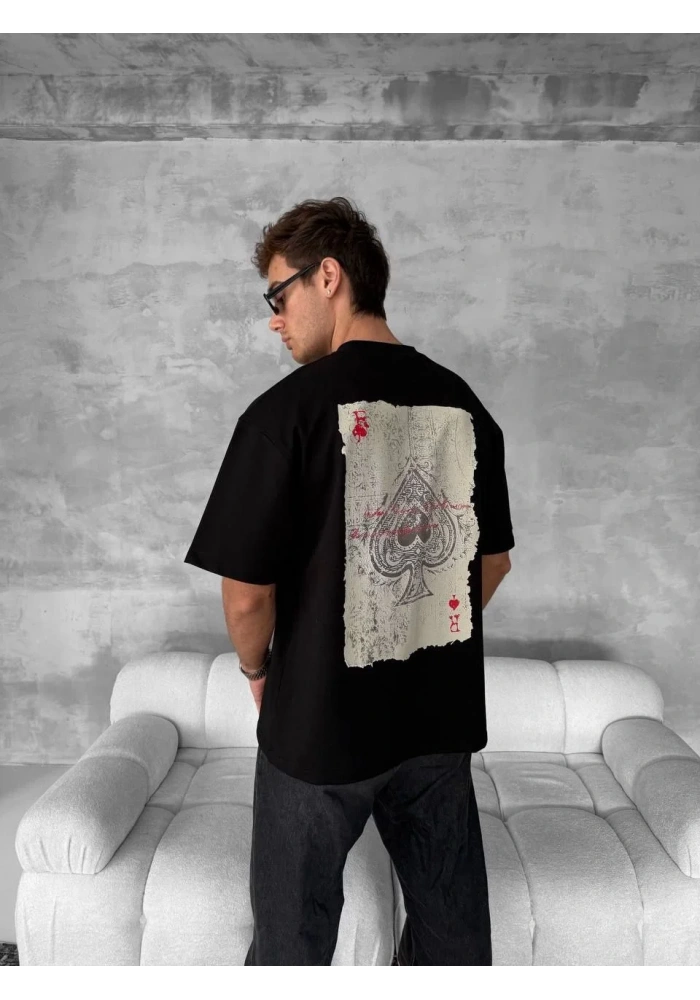 ERKEK Ön ve Arka Baskılı Oversize Bisiklet Yaka T-shirt - Siyah