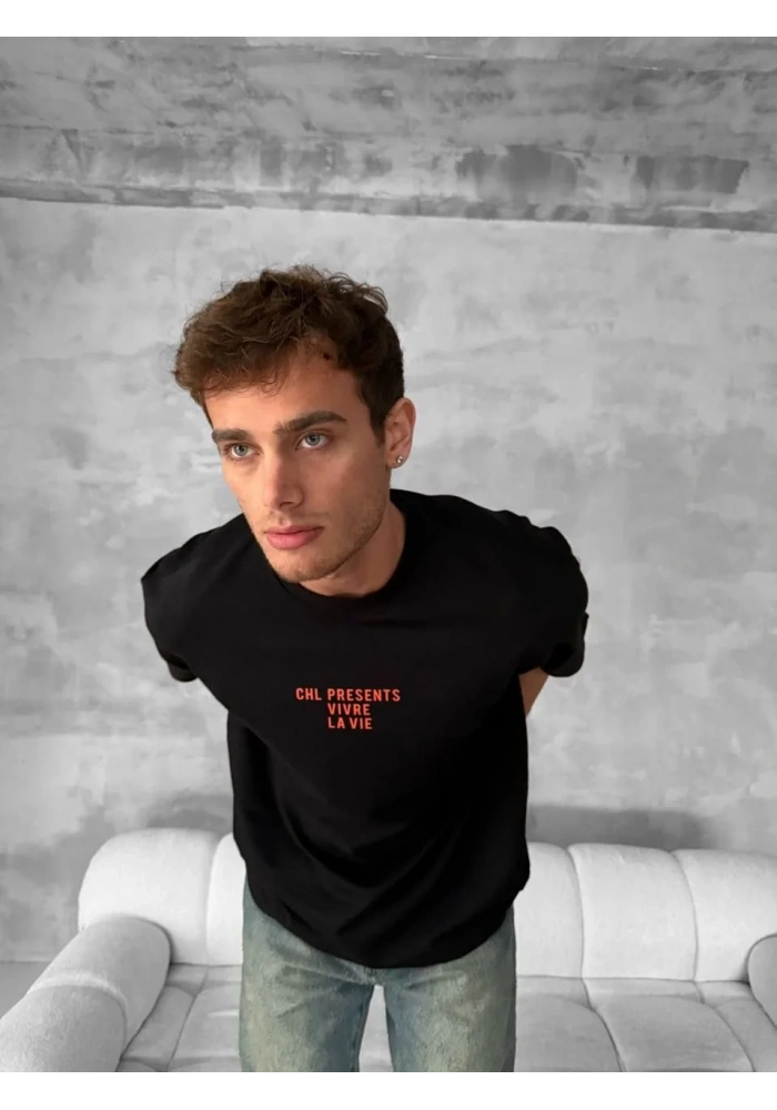 Erkek Baskılı Oversize Bisiklet Yaka T-shirt- Siyah