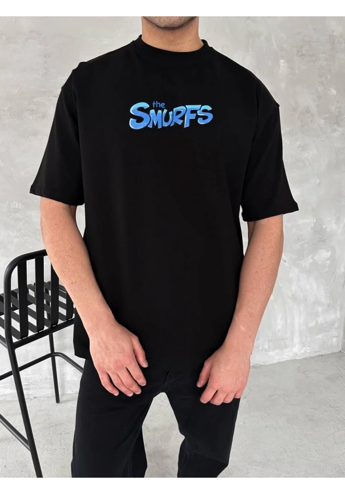 erkek Baskılı Oversize Bisiklet Yaka T-shirt- Siyah