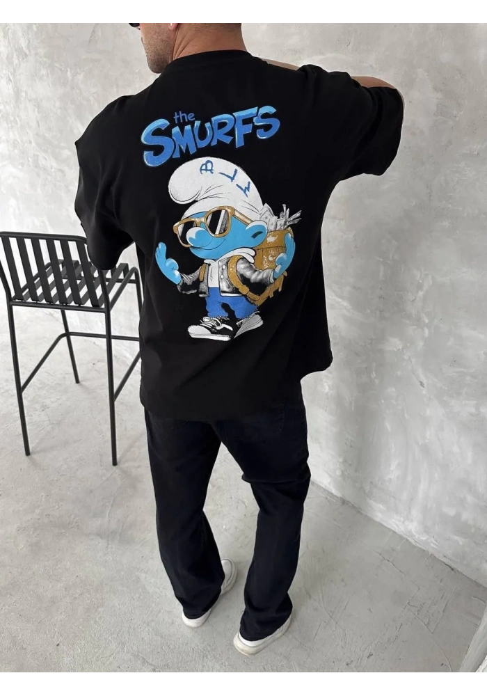 erkek Baskılı Oversize Bisiklet Yaka T-shirt- Siyah