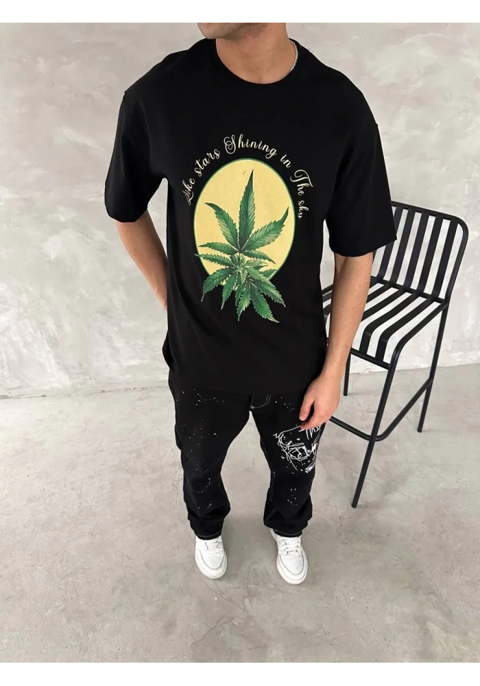 ERKEK  Baskılı Oversize Bisiklet Yaka T-shirt- Siyah