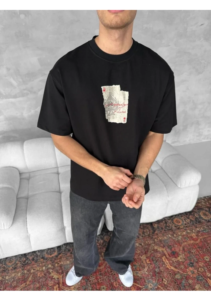 ERKEK Ön ve Arka Baskılı Oversize Bisiklet Yaka T-shirt - Siyah
