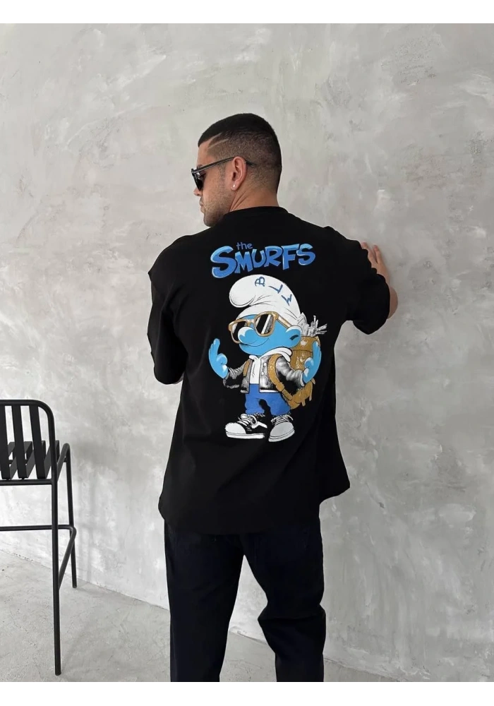 erkek Baskılı Oversize Bisiklet Yaka T-shirt- Siyah