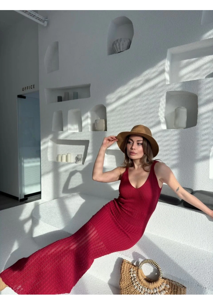 Örgülü Uzun Triko Elbise - Bordo