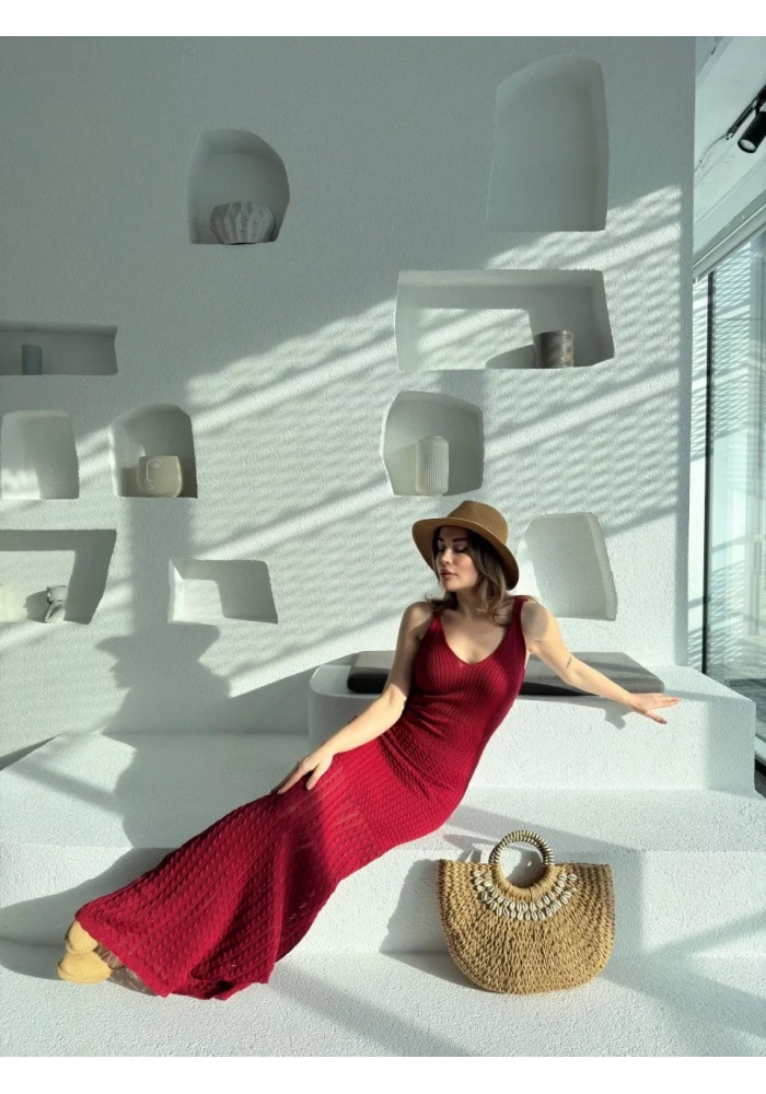 Örgülü Uzun Triko Elbise - Bordo