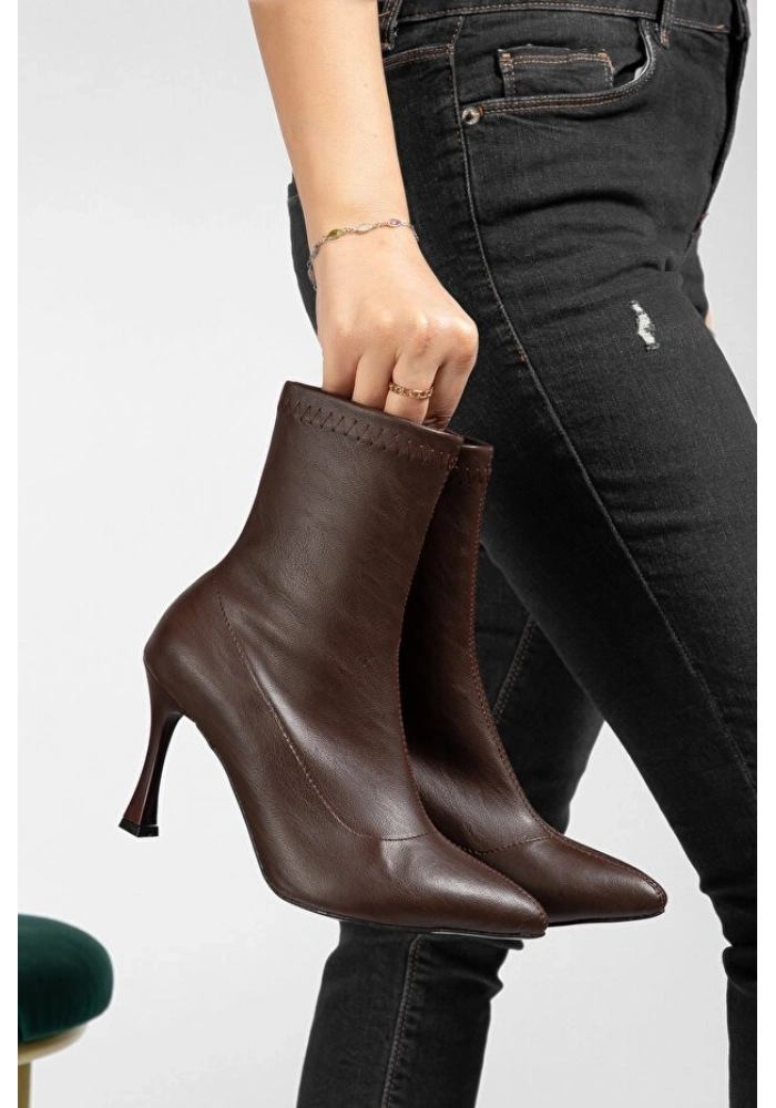 Orjen Kahverengi Cilt Streç Topuklu Bot