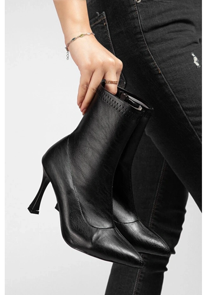 Orjen Siyah Cilt Streç Topuklu Bot