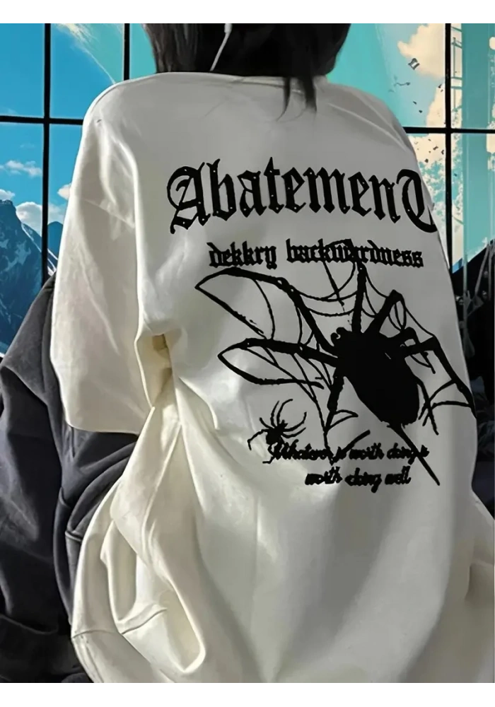 Örümcek Ağı Desenli Baskılı Oversize Bisiklet Yaka T-shirt - Beyaz