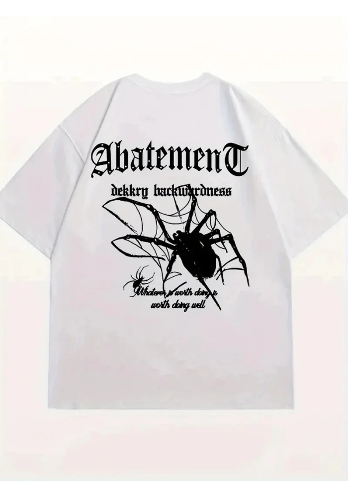 Örümcek Ağı Desenli Baskılı Oversize Bisiklet Yaka T-shirt - Beyaz