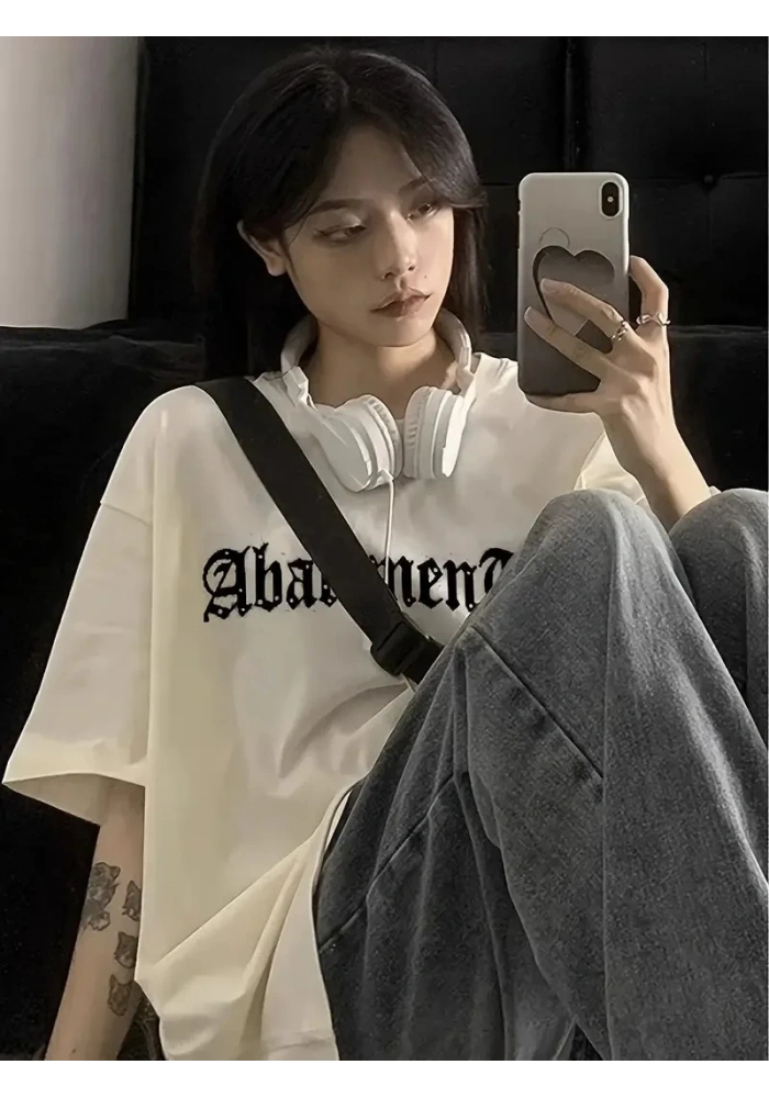 Örümcek Ağı Desenli Baskılı Oversize Bisiklet Yaka T-shirt - Beyaz