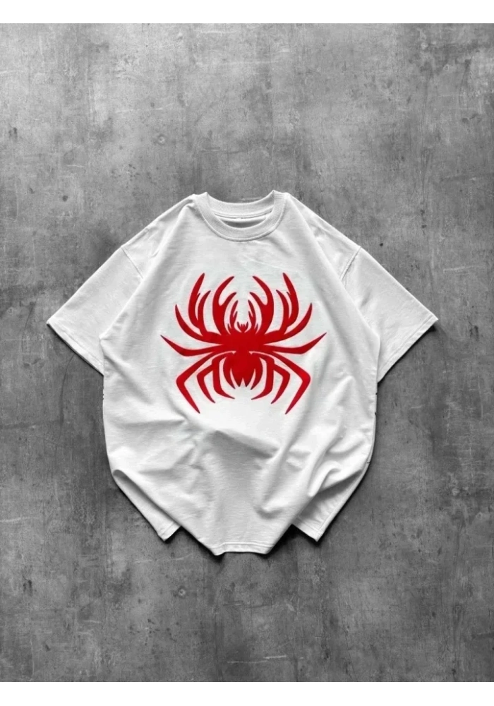 Örümcek Baskılı Tişört Kısa Kollu Bisiklet Yaka T-Shirt - Beyaz