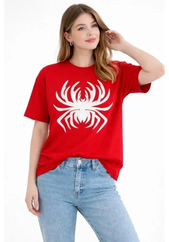 Örümcek Baskılı Tişört Kısa Kollu Bisiklet Yaka T-Shirt - Kırmızı