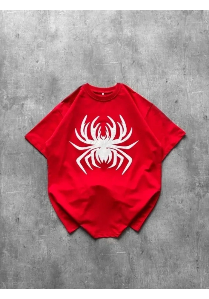 Örümcek Baskılı Tişört Kısa Kollu Bisiklet Yaka T-Shirt - Kırmızı