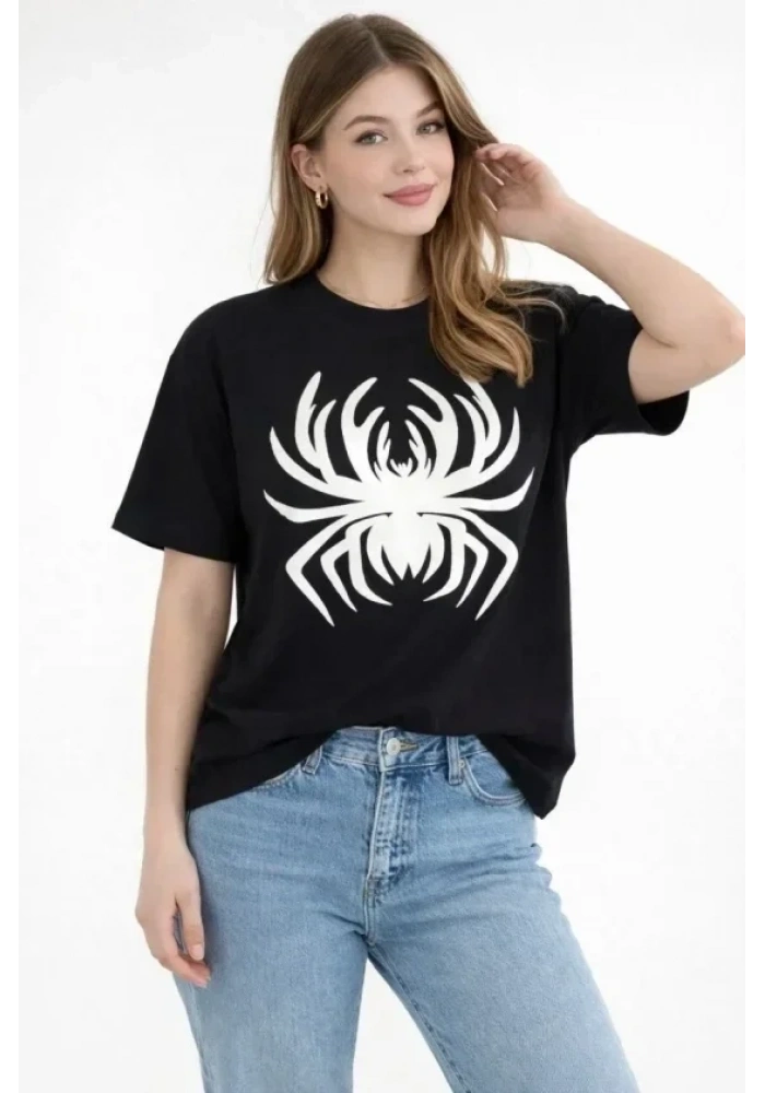Örümcek Baskılı Tişört Kısa Kollu Bisiklet Yaka T-Shirt - Siyah
