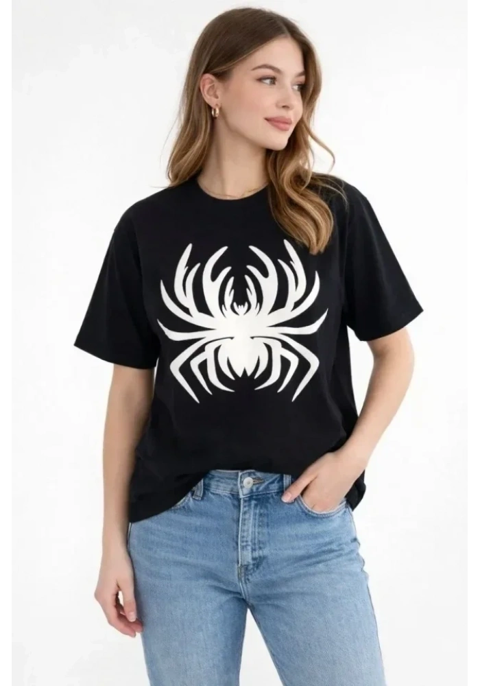 Örümcek Baskılı Tişört Kısa Kollu Bisiklet Yaka T-Shirt - Siyah