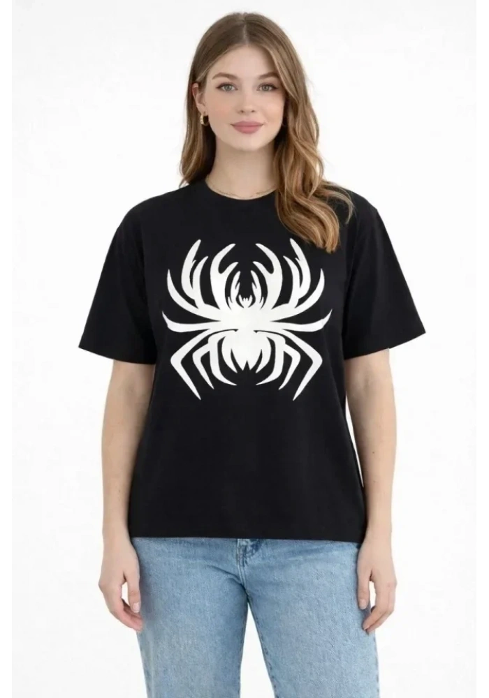 Örümcek Baskılı Tişört Kısa Kollu Bisiklet Yaka T-Shirt - Siyah