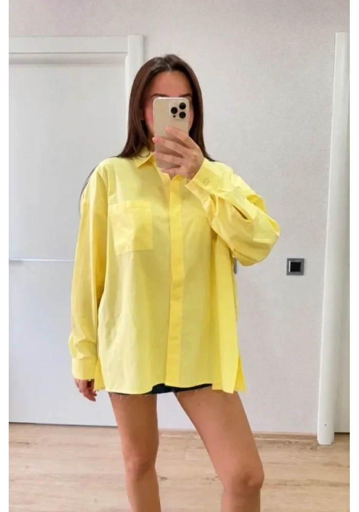Oversize Pens Detaylı Cepli Yırtmaçlı Rahat Kalıp Poplin Gömlek - Sarı