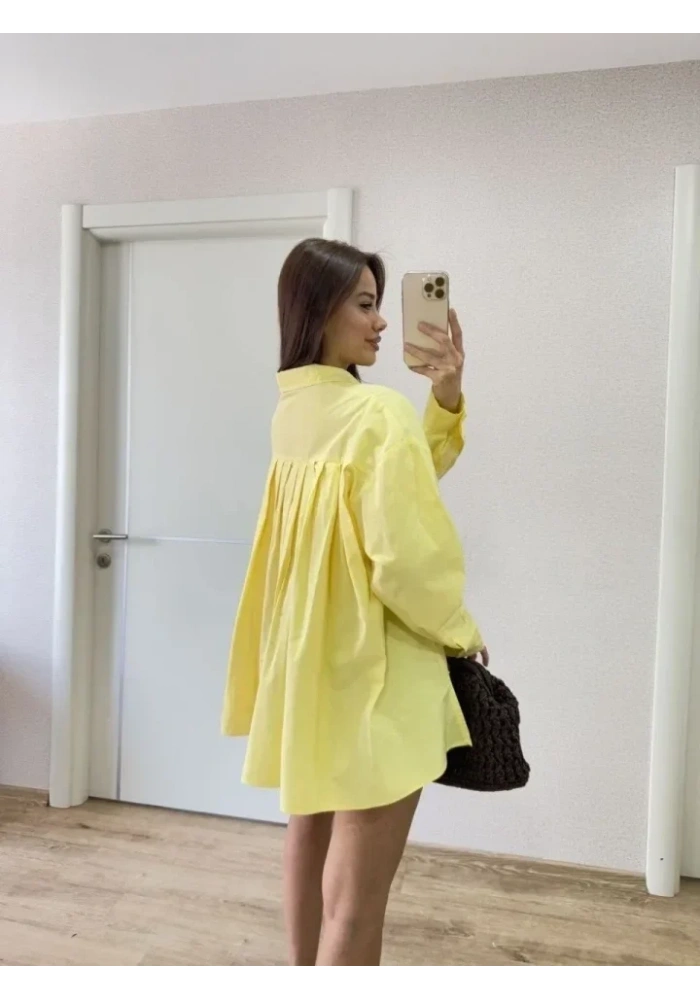 Oversize Pens Detaylı Cepli Yırtmaçlı Rahat Kalıp Poplin Gömlek - Sarı