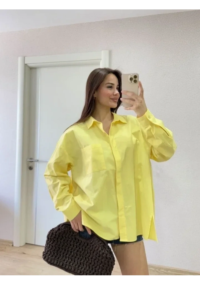 Oversize Pens Detaylı Cepli Yırtmaçlı Rahat Kalıp Poplin Gömlek - Sarı