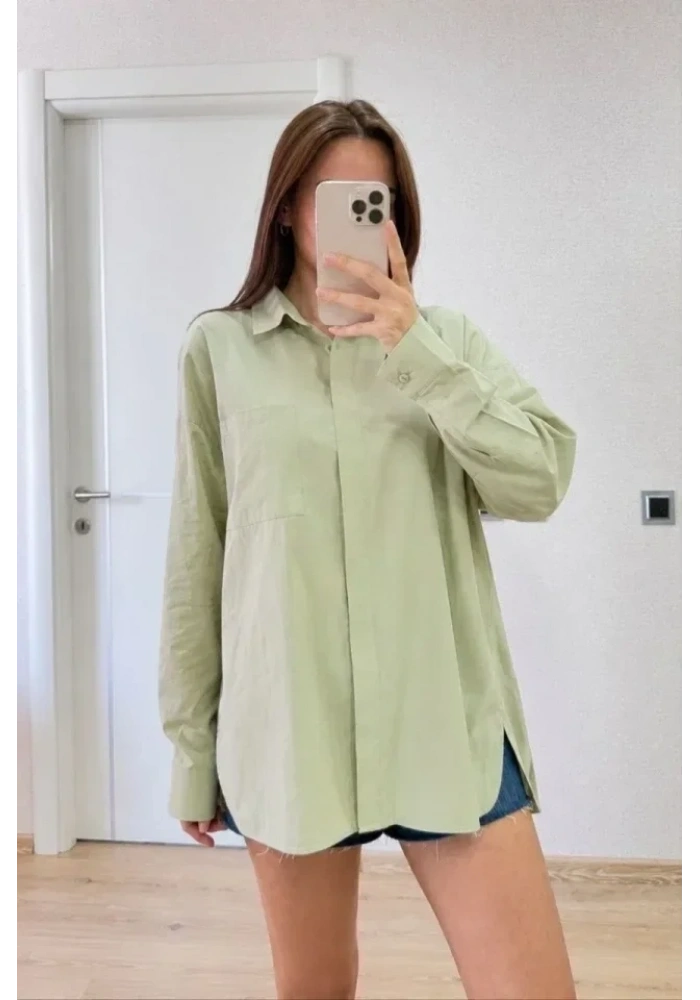 Oversize Pens Detaylı Cepli Yırtmaçlı Rahat Kalıp Poplin Gömlek - Yeşil