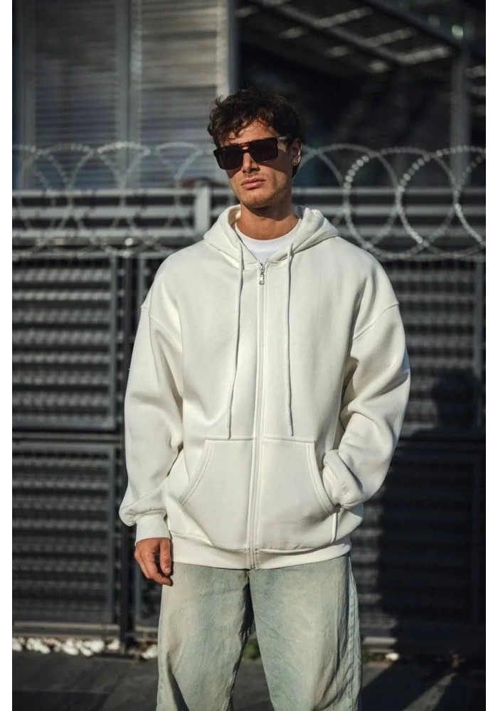 Oversize Tam Fermuarlı Uzun Kol Hırka - Beyaz