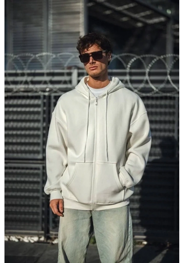 Oversize Tam Fermuarlı Uzun Kol Hırka - Beyaz