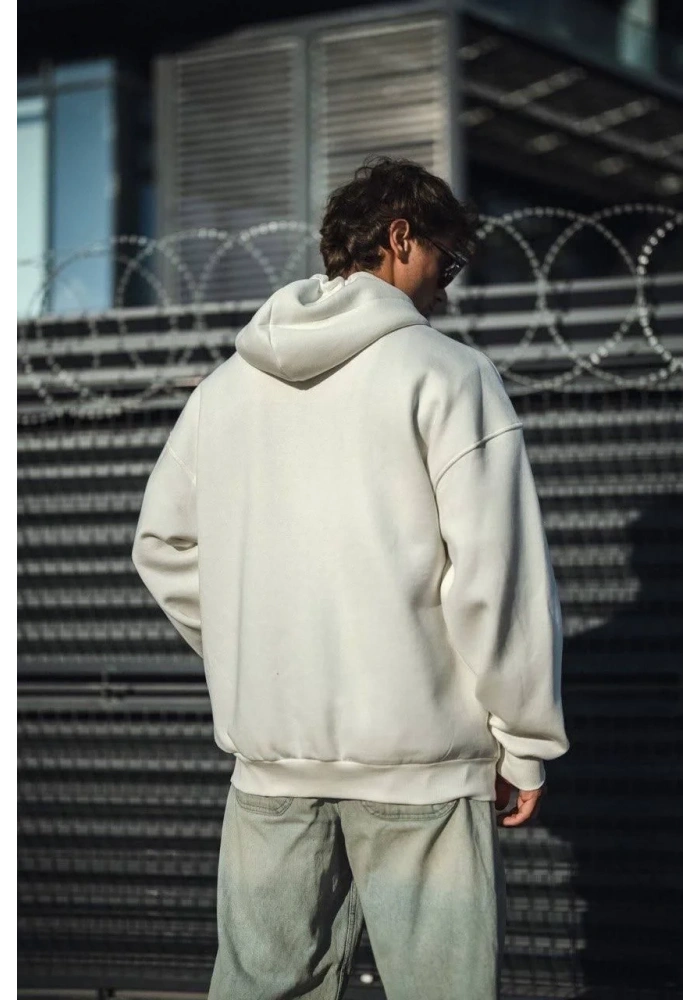 Oversize Tam Fermuarlı Uzun Kol Hırka - Beyaz