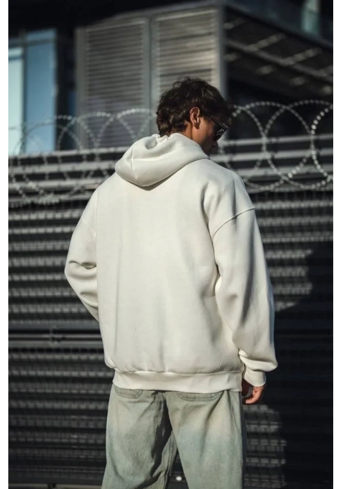 Oversize Tam Fermuarlı Uzun Kol Hırka - Beyaz