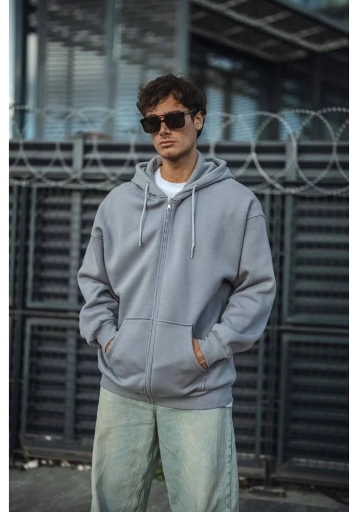 Oversize Tam Fermuarlı Uzun Kol Hırka - Gri