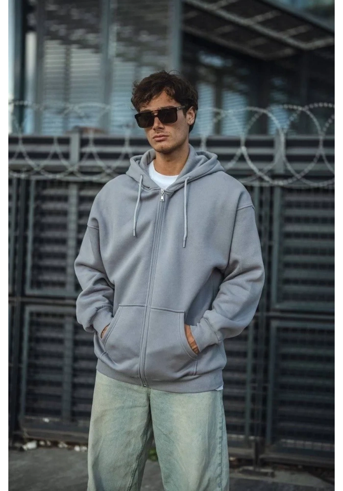 Oversize Tam Fermuarlı Uzun Kol Hırka - Gri