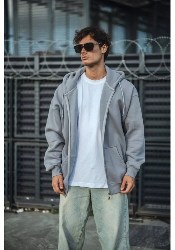 Oversize Tam Fermuarlı Uzun Kol Hırka - Gri